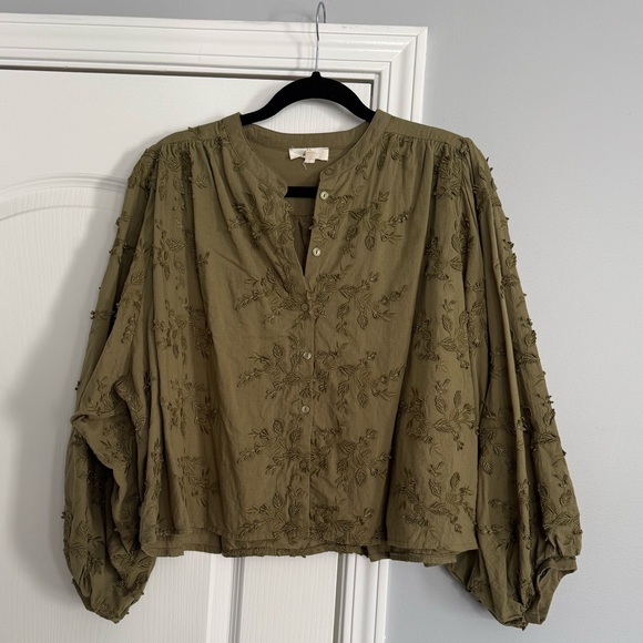 entro Tops - entro Olive Green Embroidered Button-Front Blouse